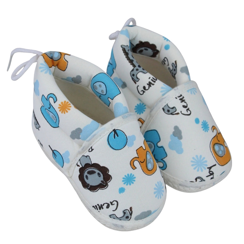 Baby Unisex Cotton Animal Printed White,Blue Velcro Booties-BT5339