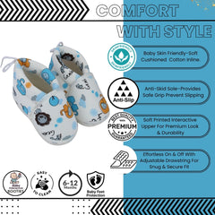 Baby Unisex Cotton Animal Printed White,Blue Velcro Booties-BT5339
