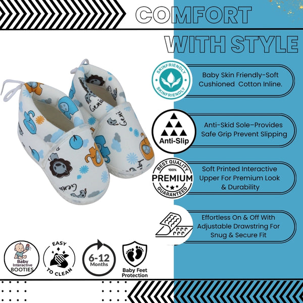 Baby Unisex Cotton Animal Printed White,Blue Velcro Booties-BT5339
