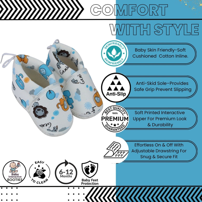 Baby Unisex Cotton Animal Printed White,Blue Velcro Booties-BT5339