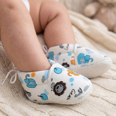 Baby Unisex Cotton Animal Printed White,Blue Velcro Booties-BT5339
