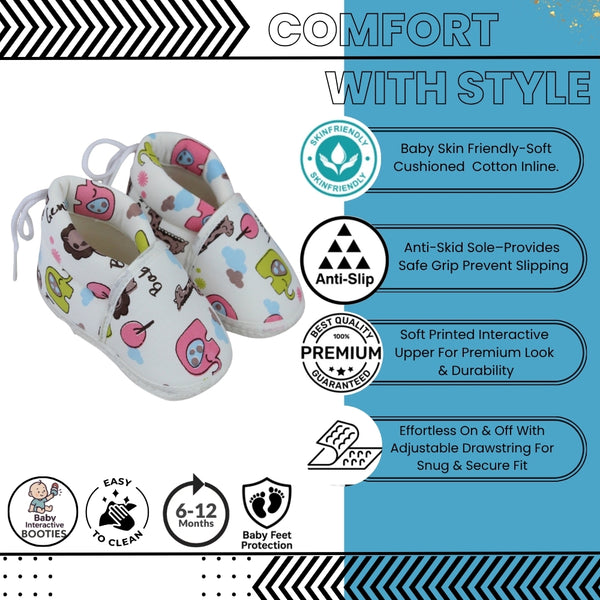 Baby Unisex Cotton Animal Printed White Velcro Booties-BT5340