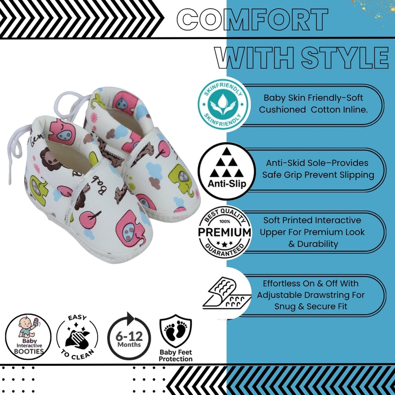 Baby Unisex Cotton Animal Printed White Velcro Booties-BT5340