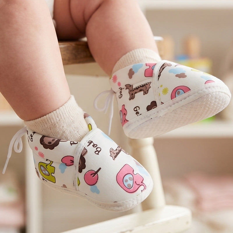 Baby Unisex Cotton Animal Printed White Velcro Booties-BT5340