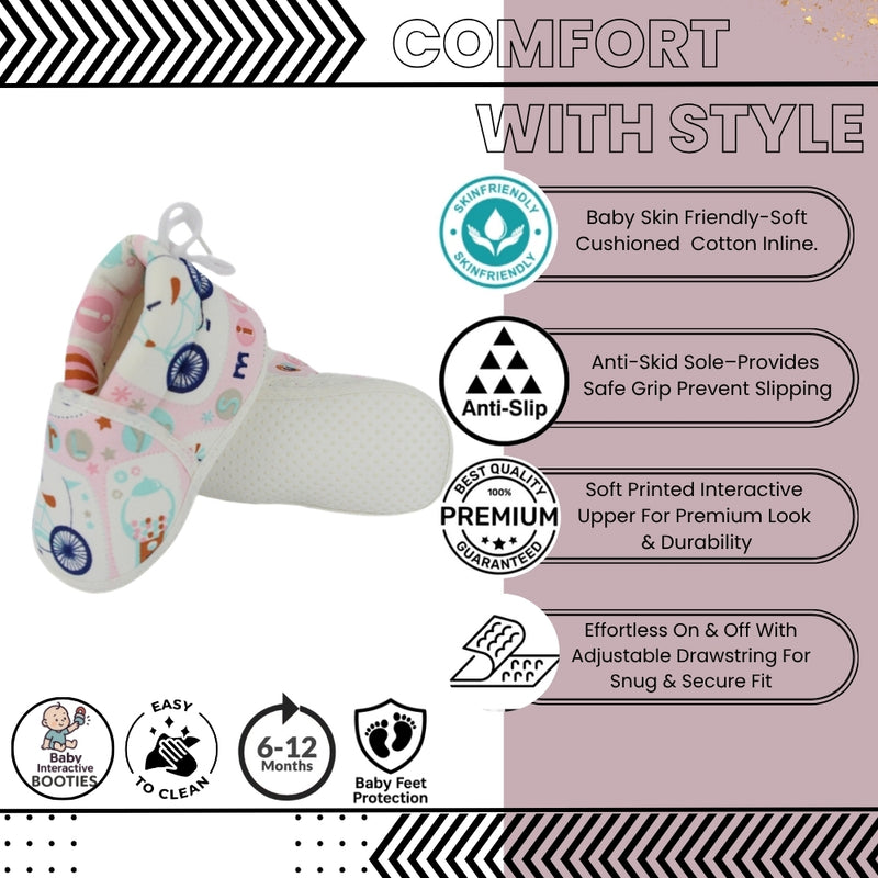 Baby Unisex Bycycle Printed Cotton White,Pink Lace Booties-BT5341