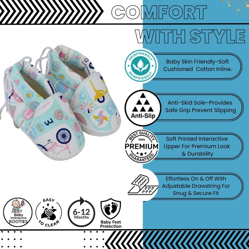 Baby Unisex Cotton Animal Printed White,Green Velcro Booties-BT5342