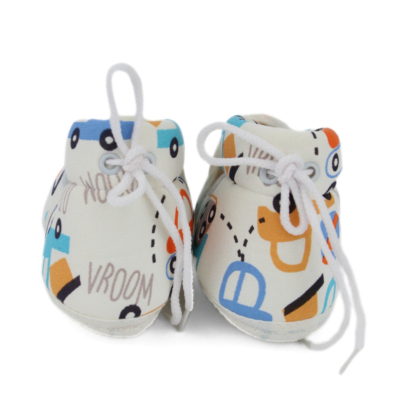 Baby Unisex Car Printed Cotton White,Orange Lace Booties-BT5343