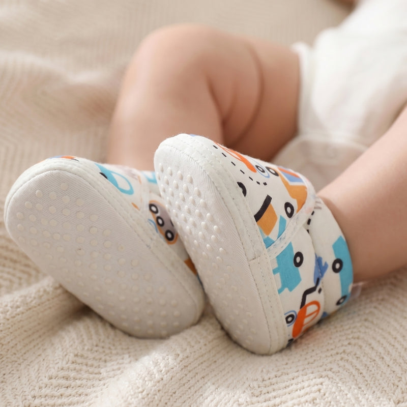 Baby Unisex Car Printed Cotton White,Orange Lace Booties-BT5343