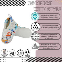Baby Unisex Car Printed Cotton White,Orange Lace Booties-BT5343