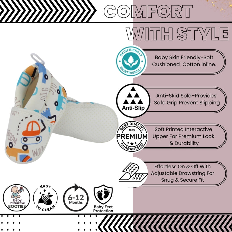 Baby Unisex Car Printed Cotton White,Orange Lace Booties-BT5343