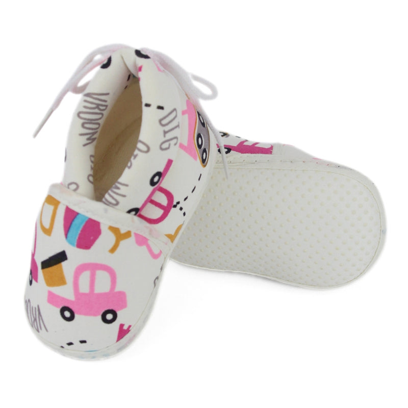 Baby Unisex Car Printed Cotton White,Pink Lace Booties-BT5344