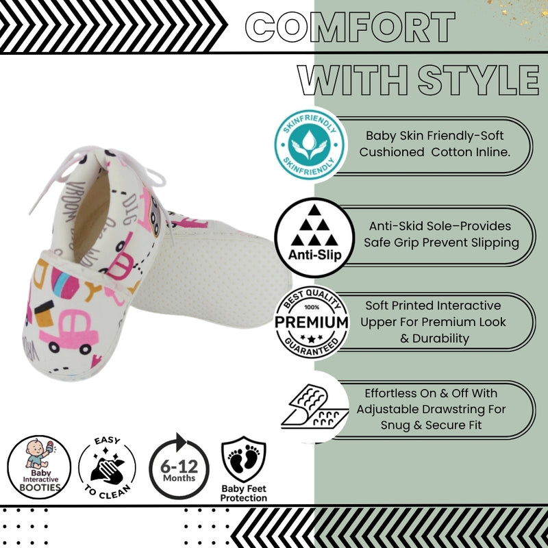 Baby Unisex Car Printed Cotton White,Pink Lace Booties-BT5344