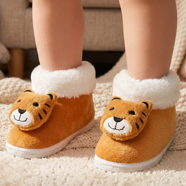 Baby Unisex Fur Tiger Face White,Brown Slip-on Booties-BT5347
