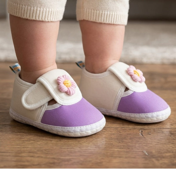 Baby Unisex Cotton Floral White,Purple Velcro Booties-BT5348
