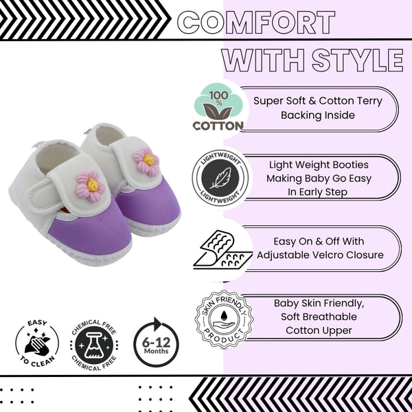 Baby Unisex Cotton Floral White,Purple Velcro Booties-BT5348