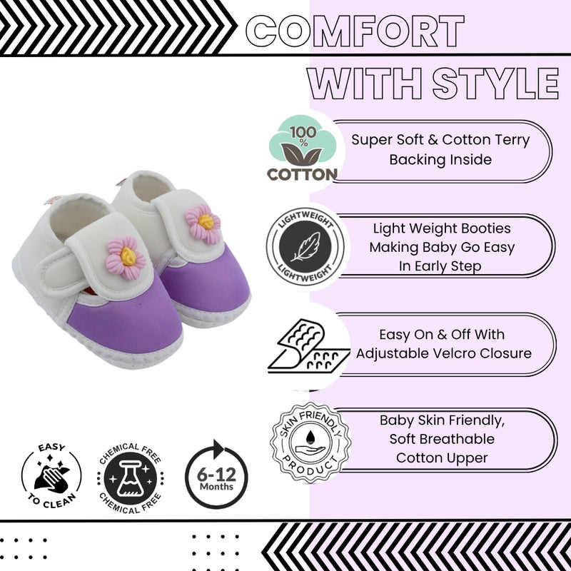 Baby Unisex Cotton Floral White,Purple Velcro Booties-BT5348