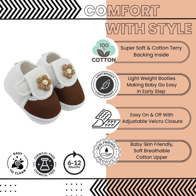 Baby Unisex Cotton Floral White,Brown Velcro Booties-BT5349