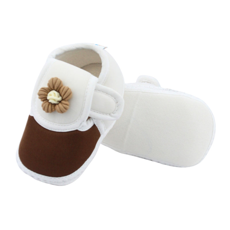 Baby Unisex Cotton Floral White,Brown Velcro Booties-BT5349