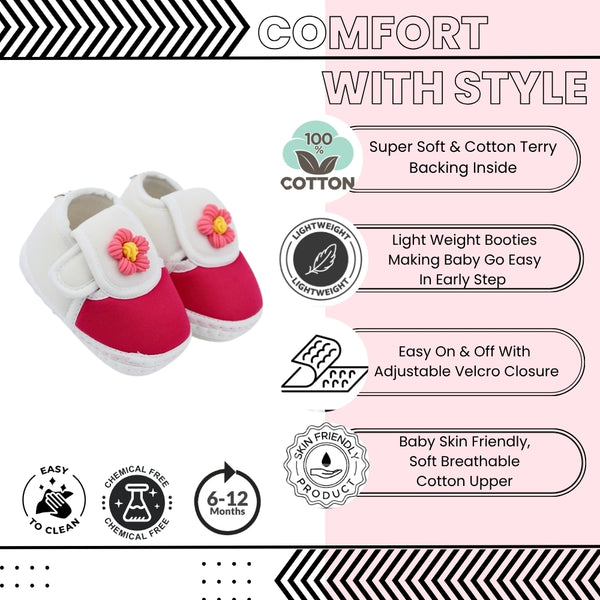 Baby Unisex Cotton Floral White,Pink Velcro Booties-BT5350
