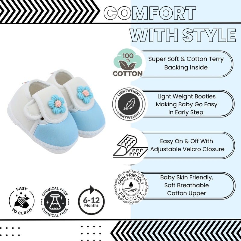 Baby Unisex Cotton Floral Blue,White Velcro Booties-BT5351