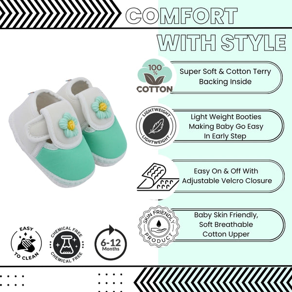 Baby Unisex Cotton Floral White,Green Velcro Booties-BT5352