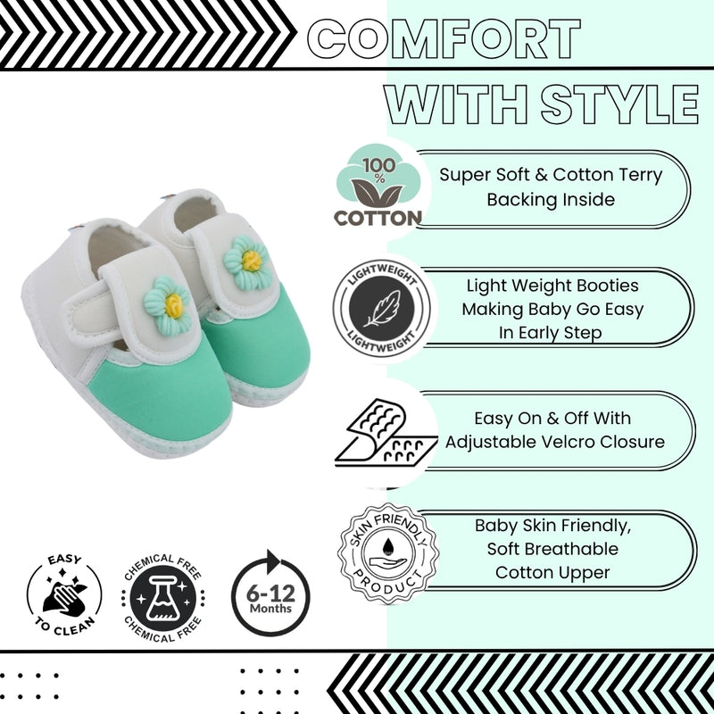 Baby Unisex Cotton Floral White,Green Velcro Booties-BT5352
