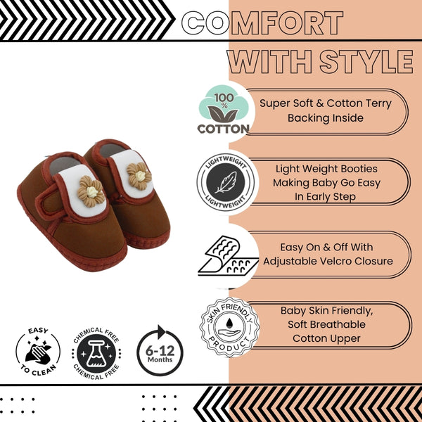 Baby Unisex Cotton Floral White,Brown Velcro Booties-BT5353