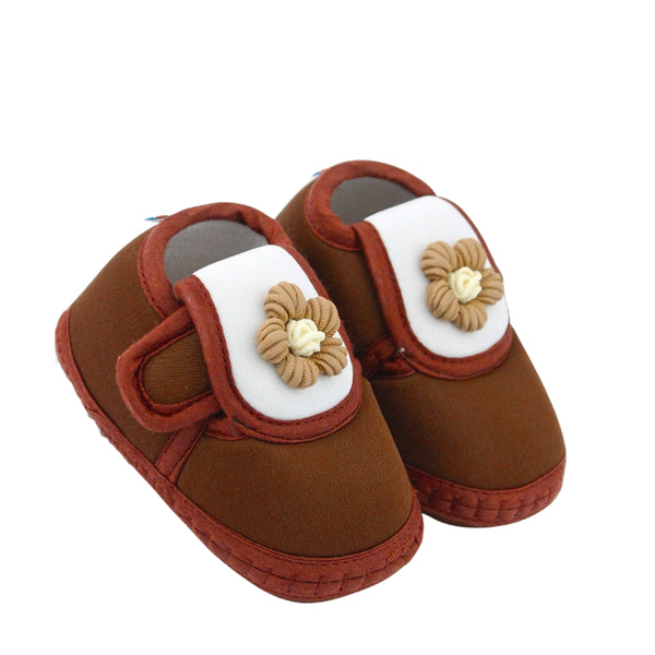 Baby Unisex Cotton Floral White,Brown Velcro Booties-BT5353