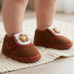 Baby Unisex Cotton Floral White,Brown Velcro Booties-BT5353