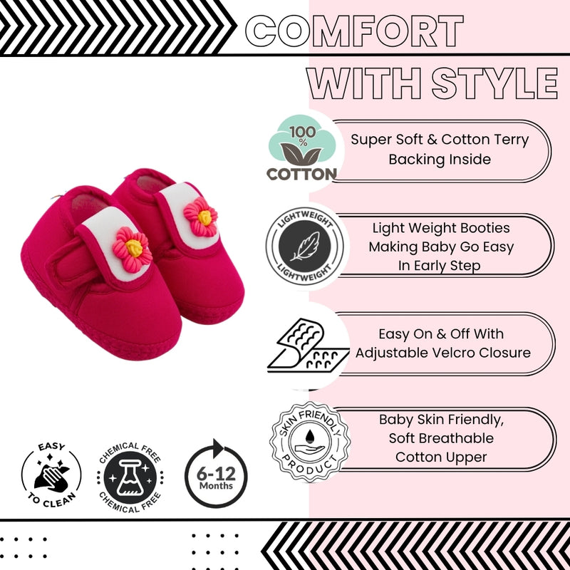 Baby Unisex Cotton Floral White,Pink Velcro Booties-BT5354