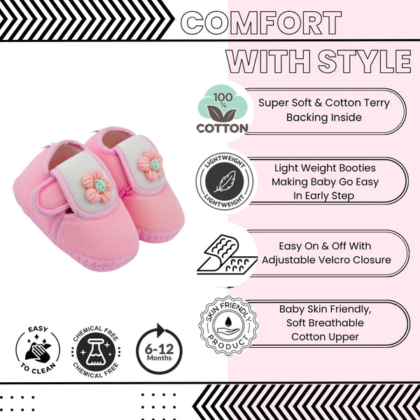 Baby Unisex Cotton Floral Pink Velcro Booties-BT5355
