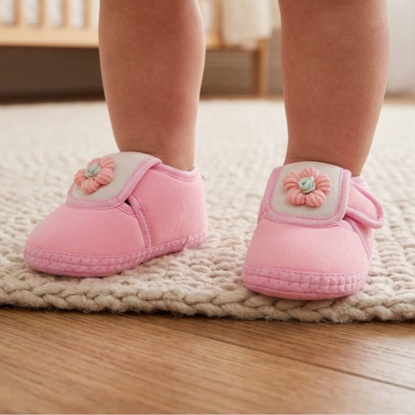 Baby Unisex Cotton Floral Pink Velcro Booties-BT5355