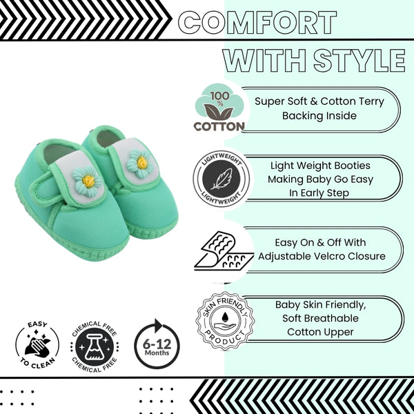Baby Unisex Cotton Floral White,Green Velcro Booties-BT5356