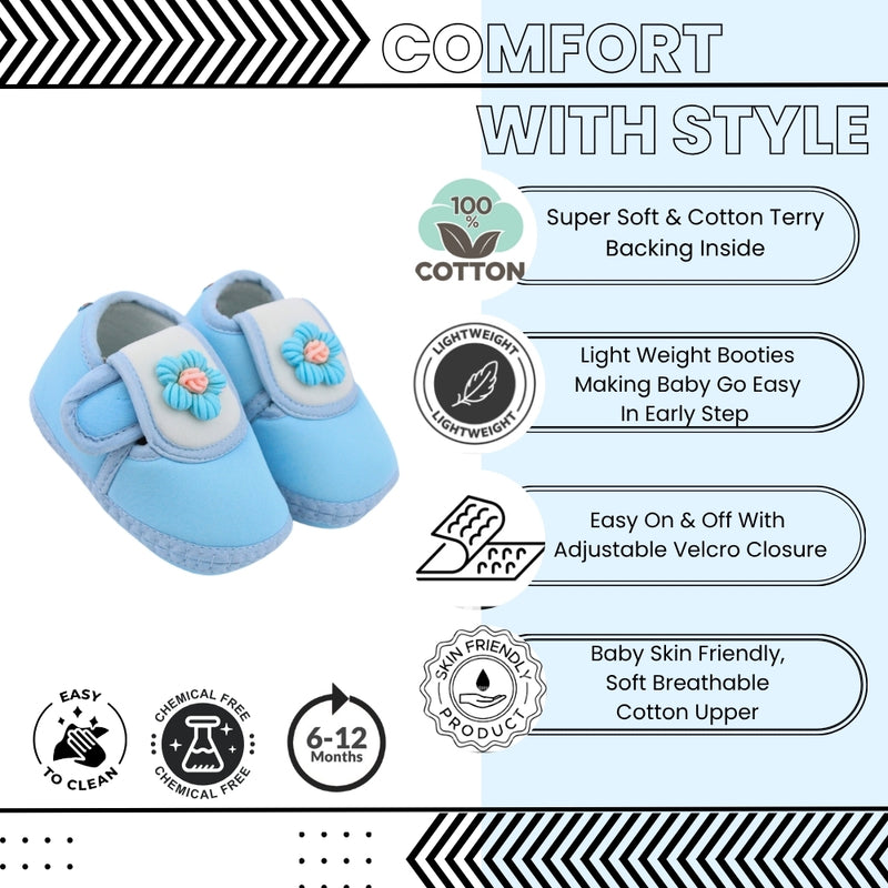 Baby Unisex Cotton Floral Blue,White Velcro Booties-BT5357