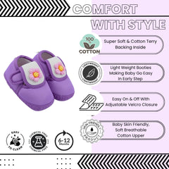Baby Unisex Cotton Floral White,Purple Velcro Booties-BT5358