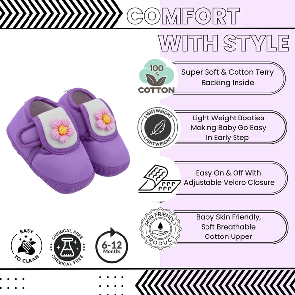 Baby Unisex Cotton Floral White,Purple Velcro Booties-BT5358