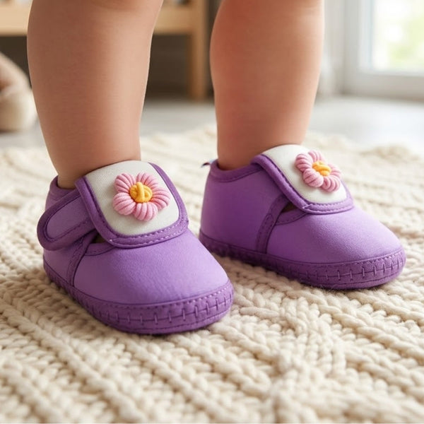 Baby Unisex Cotton Floral White,Purple Velcro Booties-BT5358