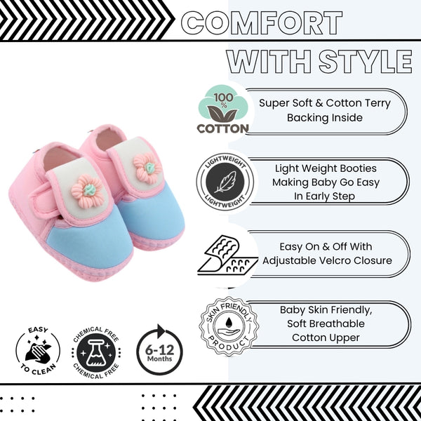 Baby Unisex Cotton Floral White,Pink Velcro Booties-BT5359