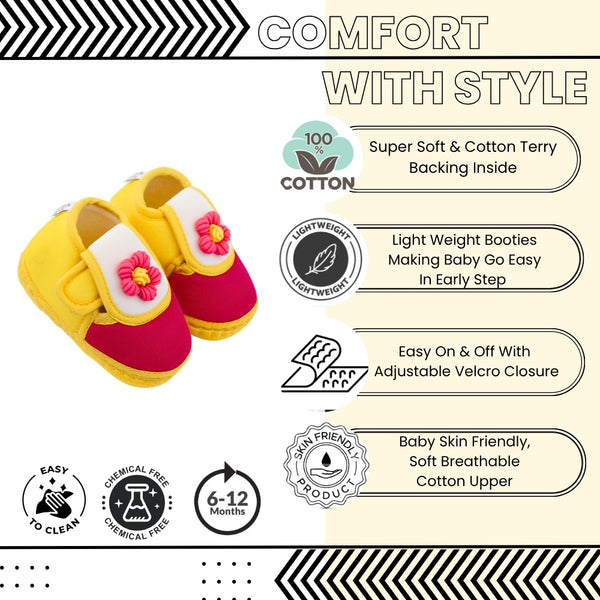 Baby Unisex Cotton Floral Yellow,Pink Velcro Booties-BT5361