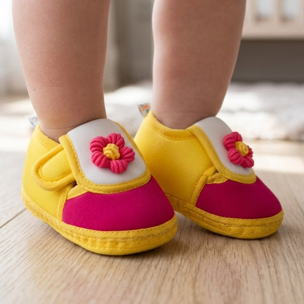 Baby Unisex Cotton Floral Yellow,Pink Velcro Booties-BT5361