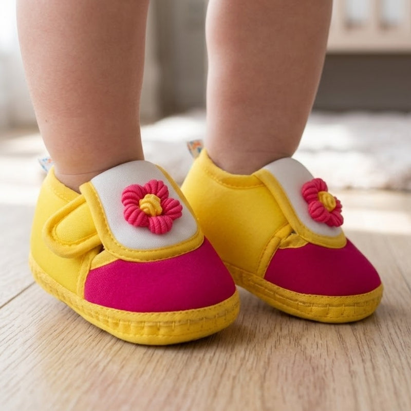 Baby Unisex Cotton Floral Yellow,Pink Velcro Booties-BT5361