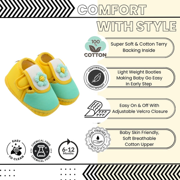 Baby Unisex Cotton Floral Yellow,Green Velcro Booties-BT5362