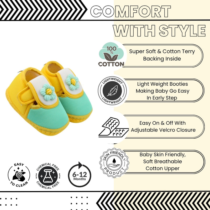 Baby Unisex Cotton Floral Yellow,Green Velcro Booties-BT5362