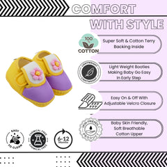 Baby Unisex Cotton Floral Yellow,Purple Velcro Booties-BT5363