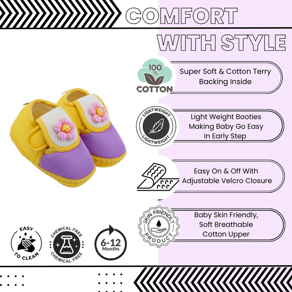 Baby Unisex Cotton Floral Yellow,Purple Velcro Booties-BT5363
