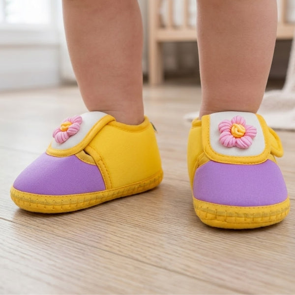 Baby Unisex Cotton Floral Yellow,Purple Velcro Booties-BT5363
