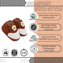 Baby Unisex Cotton Floral White,Brown Velcro Booties-BT5364