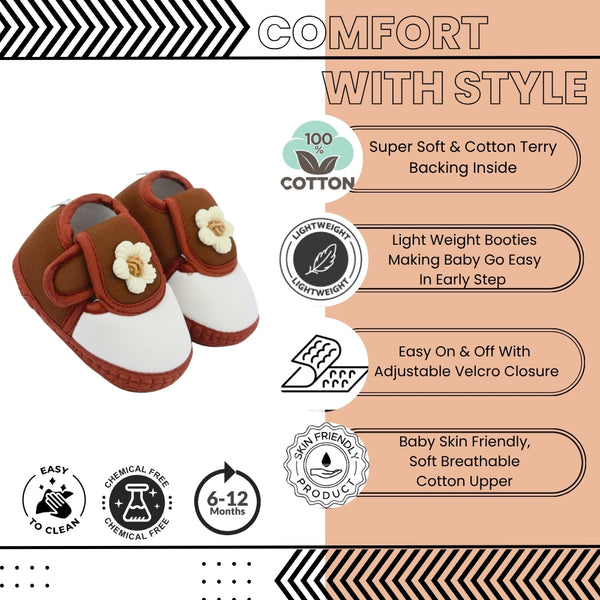 Baby Unisex Cotton Floral White,Brown Velcro Booties-BT5364