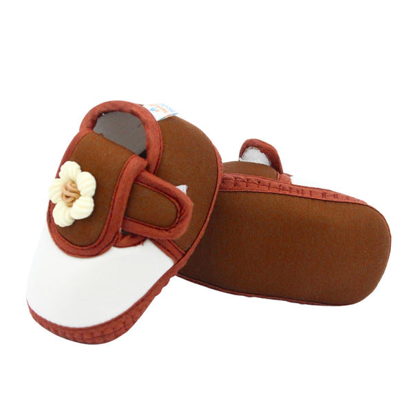 Baby Unisex Cotton Floral White,Brown Velcro Booties-BT5364