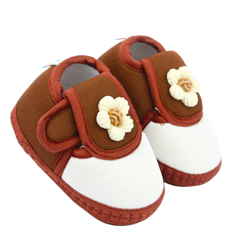 Baby Unisex Cotton Floral White,Brown Velcro Booties-BT5364